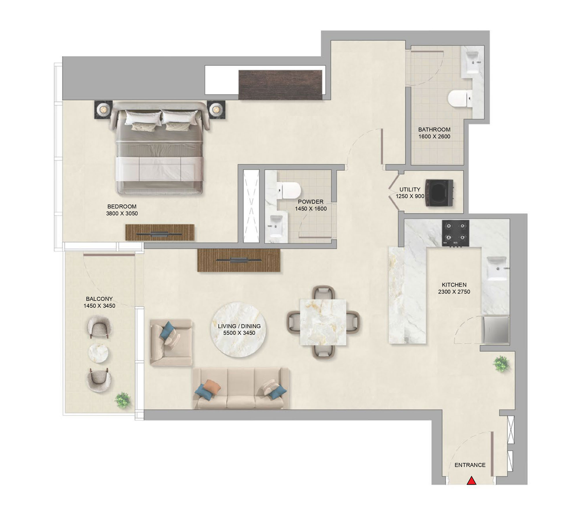 Floorplan-890sqft-1Bedroom-Sobha-Skyparks-Sheikhzayedroad